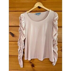 CeCe Women's Shimmer Blouse Long Ruched Sleeve Sz S Light Pink w/Gold Glitter